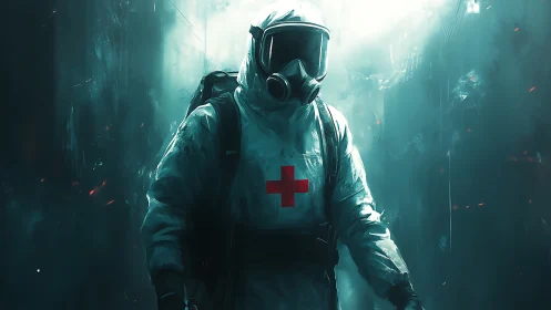 Plasma-lit medic in hazmat armor stalking a ruined corridor.