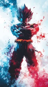 Bilateral chromatic ki surge surrounding defiant anime warrior.