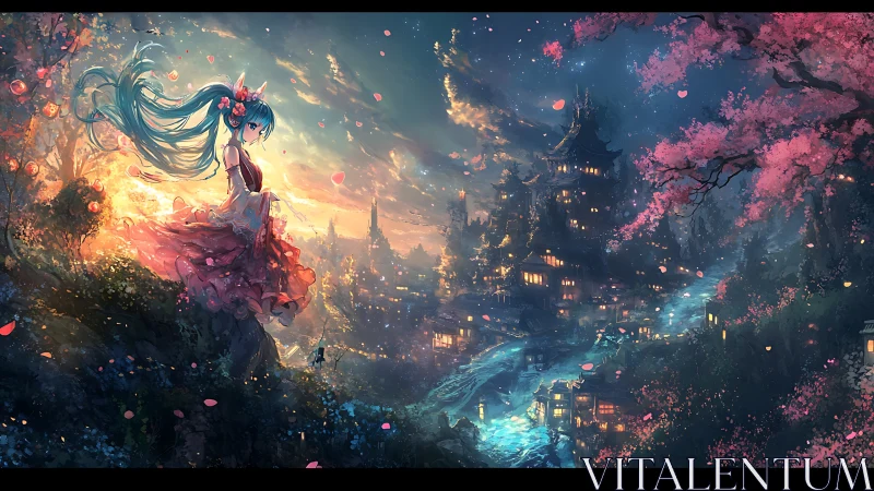 Anime girl over fantasy village at sunset and night.