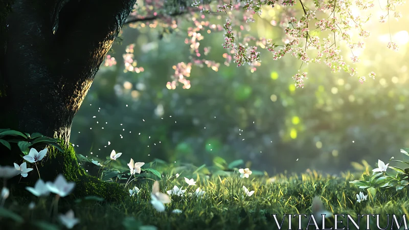 Sunlit blossom grove casts soft light across wildflowers.