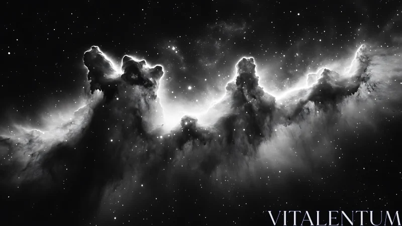 Monochrome nebula peaks rising sharply in deep space.