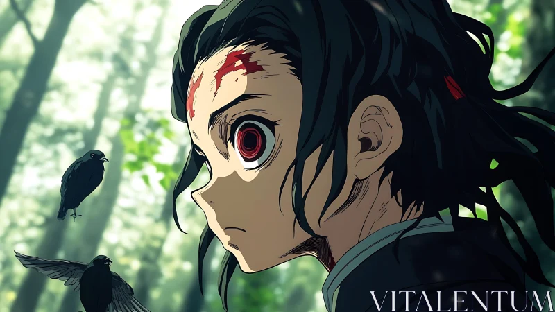 Forest-marked warrior listening to omen crows breathe.