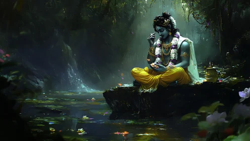 Divine blue-skinned figure meditating by luminous forest stream