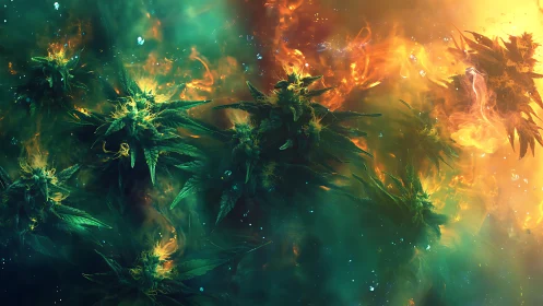 Luminous cannabis nebula glows within teal and amber haze.