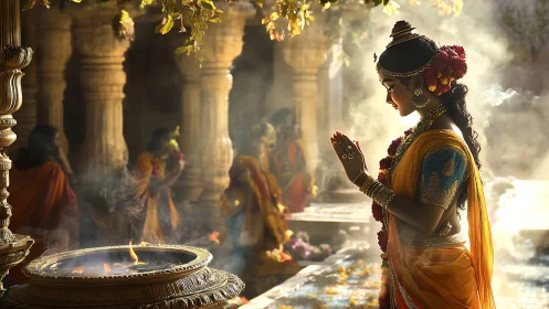 Woman in traditional attire praying near incense burner.
