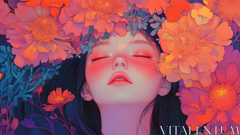 Sleeping girl bathed in neon flowers and saturated petals