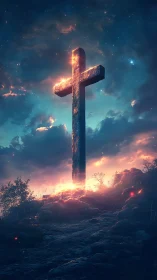 Luminous stone cross at dusk in atmospheric digital painting.