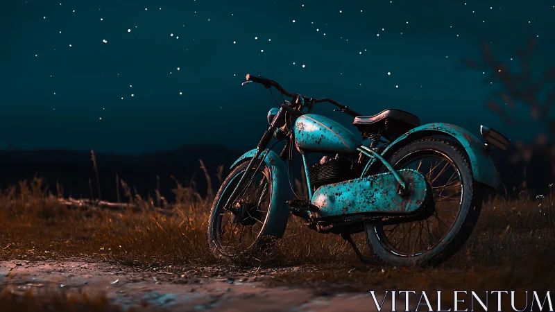 Rustic teal motorcycle rests under starry night sky.