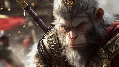 Fierce warrior monkey glares forward amid swirling embers