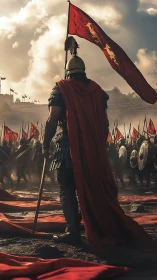 Roman commander surveys battlefield beneath crimson war banners.