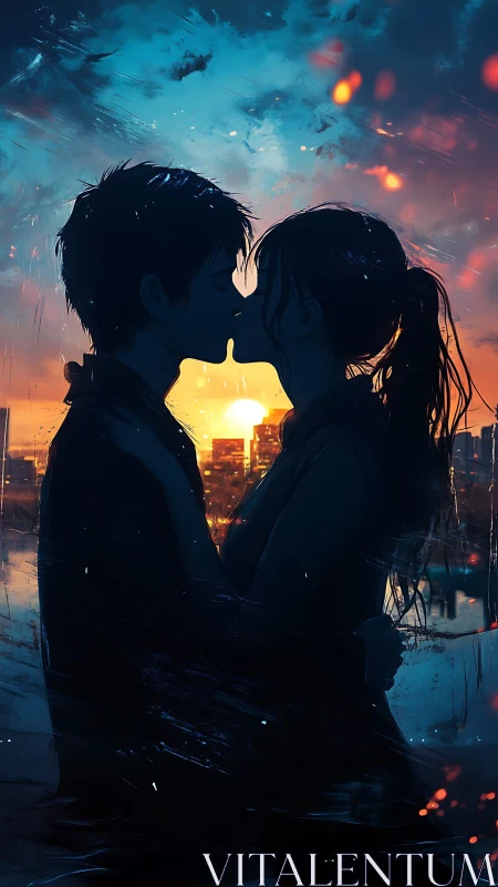Silhouettes Kiss Against Golden Cityscape.