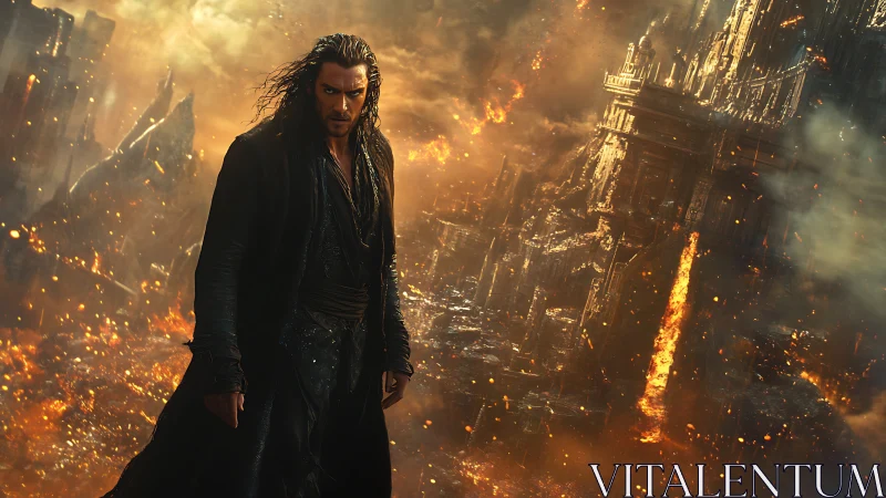 Dark-robed warlord before collapsing infernal citadel in flames