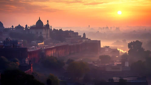 Historic Indian cityscape with fort walls under sunrise light.