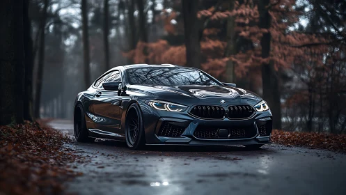 Black BMW sports coupe on wet forest road in autumn.