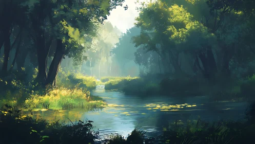 Serene River Tunnel Through Illuminated Forest Canopy