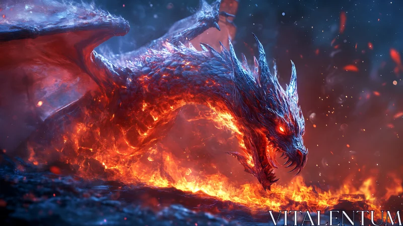 Molten fire dragon charging through erupting inferno.