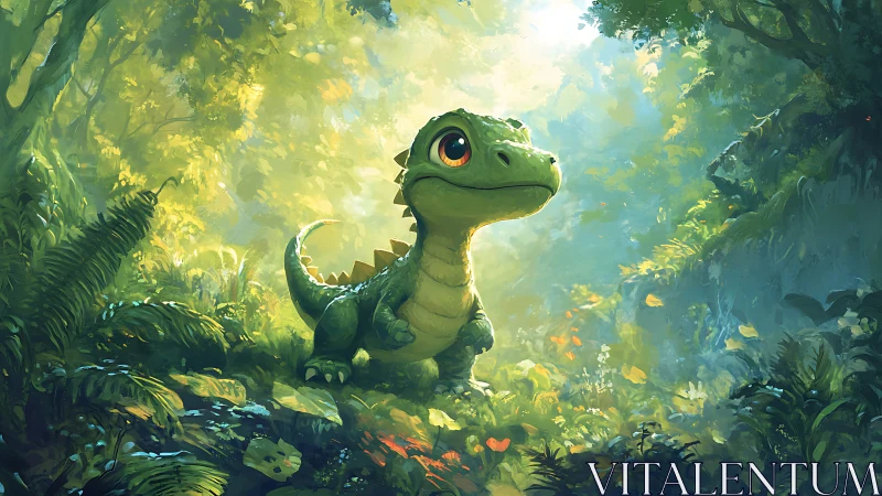 Small green dinosaur stands in sunlit dense jungle clearing