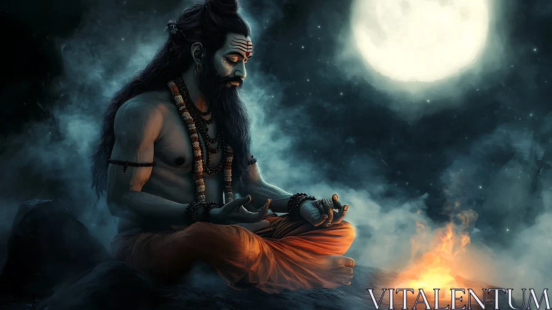 Moonlit sage in deep meditation by a quiet mountain fire.