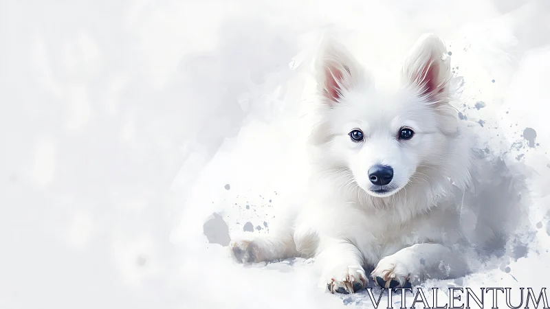 Snowy white puppy portrait in soft watercolor splashes.