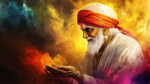 Elderly sage in turban studies chromatic ethereal clouds