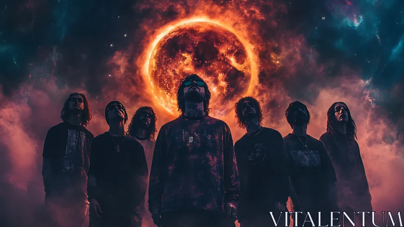 Seven silhouetted figures stand beneath a burning red eclipse