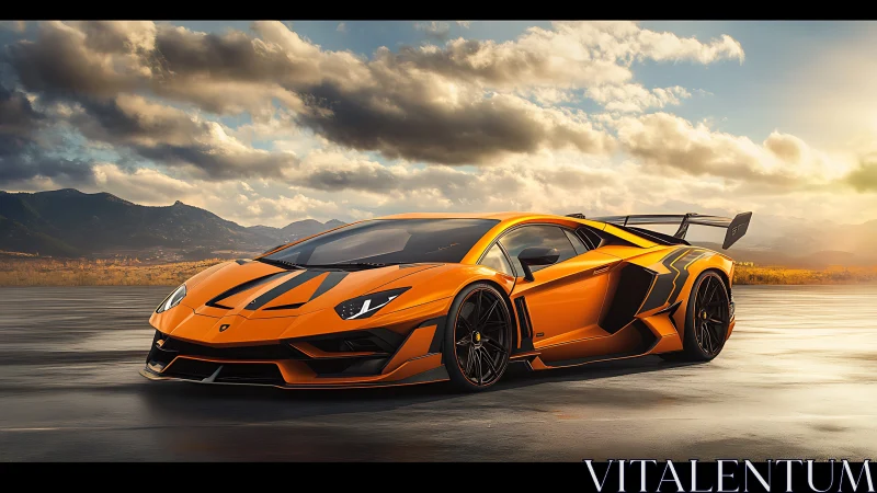 Orange hypercar cuts horizon under stormlit mountain sky.