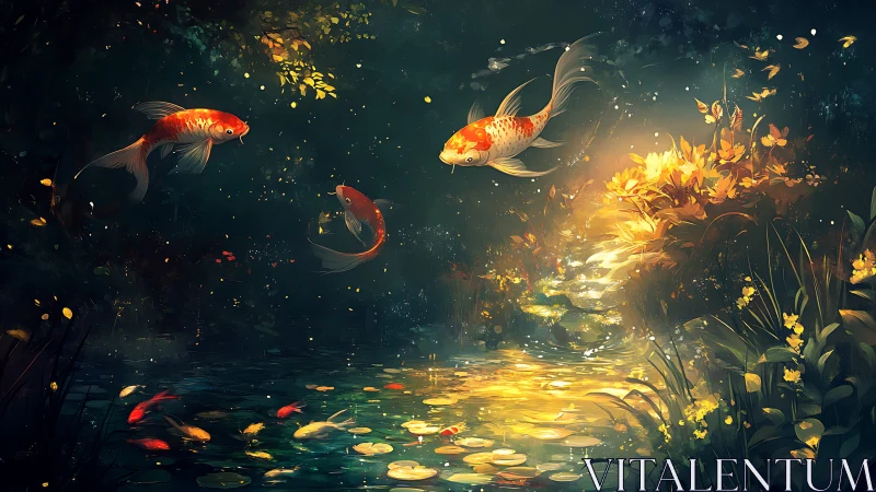 Golden koi glide through an enchanted moonlit pond.