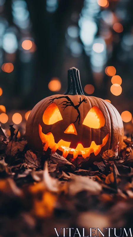 Glowing jack-o’-lantern amid autumn leaves at dusk forest.