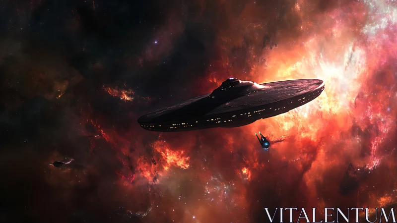 Massive starship crosses a blazing cosmic nebula field.