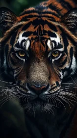 Ultra-detailed frontal tiger portrait with dramatic low-key lighting