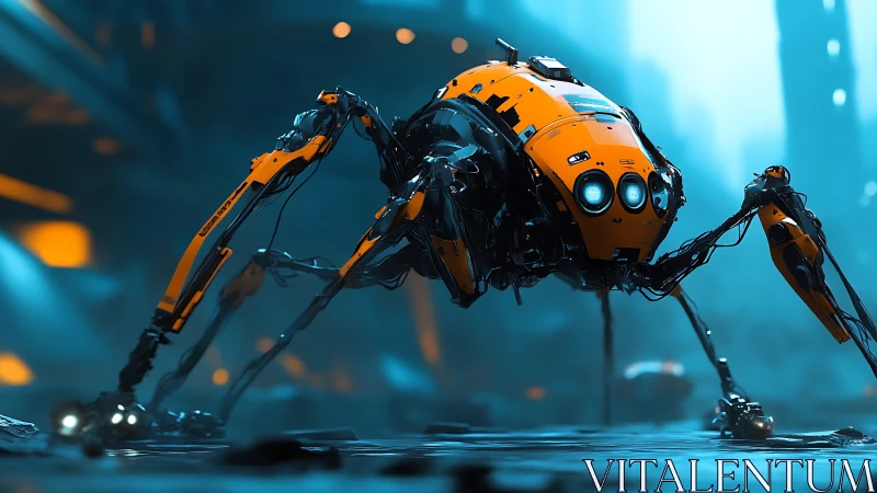 Four-legged orange inspection robot scans urban ruins.