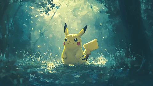 Pikachu stands in a glowing, enchanted forest clearing.