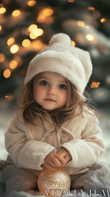 Child in winter coat holds glowing ornament in soft bokeh lights