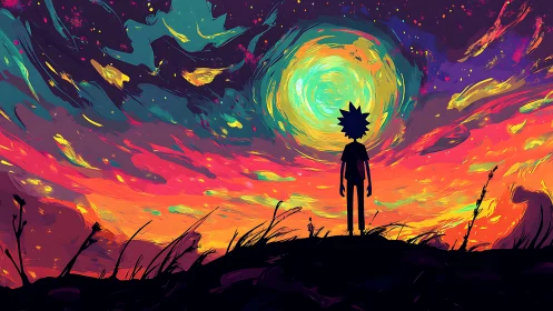 Silhouette figure under swirling neon cosmic sky at dusk.