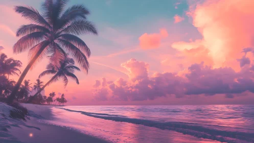 Dreamy tropical shoreline glows under a soft pastel sunset sky