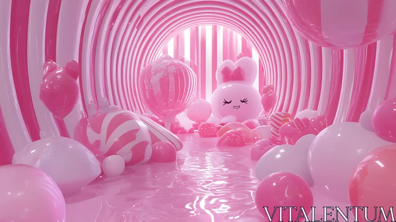 Pink neon tunnel with cute mascot and candy spheres.