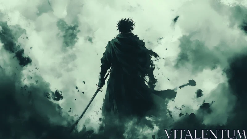 Backlit swordsman silhouette dissolves into turbulent monochrome mist