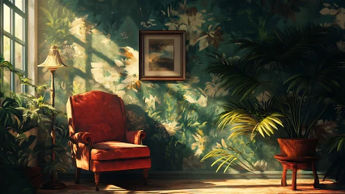 Sunlit velvet armchair in lush floral sitting room corner.