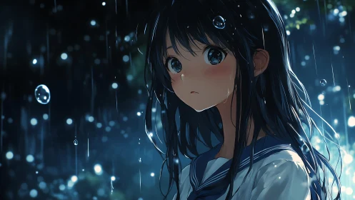 Rain-soaked anime girl rendered with cinematic backlighting depth
