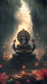 Ganesha statue amid ruins with ember particles and lotus forms.