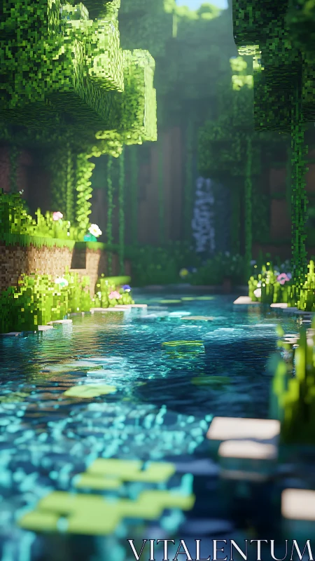 Voxelated Cathedral: Luminescent Water Channel Through Verdant Cubic Architecture.