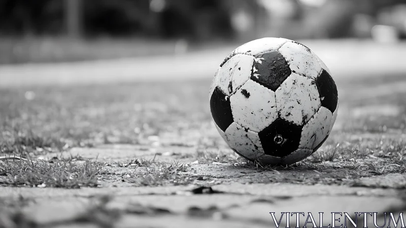 Weathered football on cobbled pitch in shallow focus.