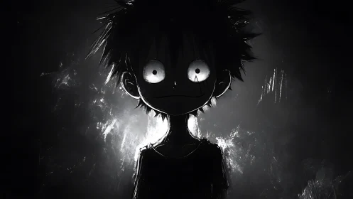 Backlit monochrome anime silhouette with exaggerated gaze.