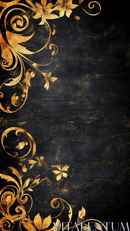 Ornate gold floral scrollwork on distressed black ground.