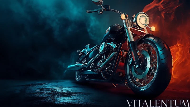 Motorcycle is rendered in low-angle view with dual color lighting