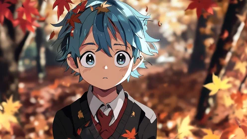 Blue haired anime student stands in warm autumn forest