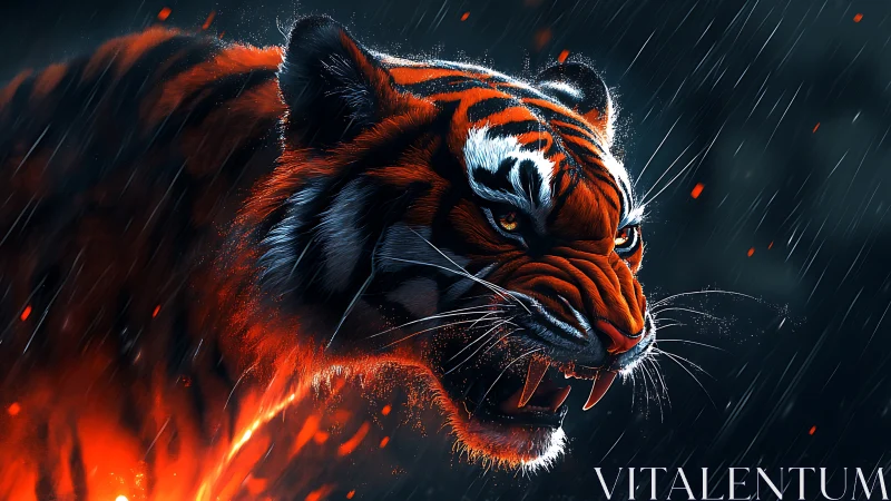 Fiery tiger roars under driving rain with ember-lit fur