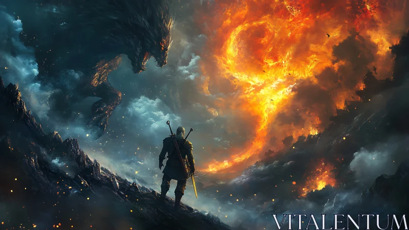 Armored warrior confronting colossal fire-wreathed shadow beast