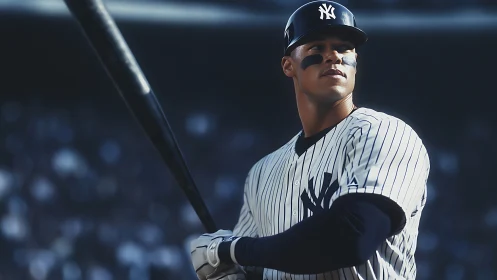 Right-handed batter in pinstripes preparing for kinetic swing.