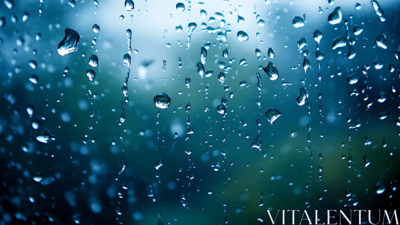 Rain beads streak across cold blue window glass